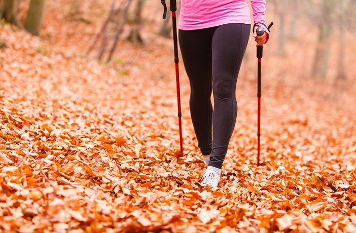 ©Voyagerix - stock.adobe.com Beim Nordic Walking im Herbst ist Vorsicht geboten.